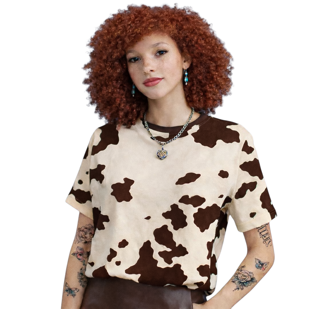 Camiseta Cow Print Beige-Cafe