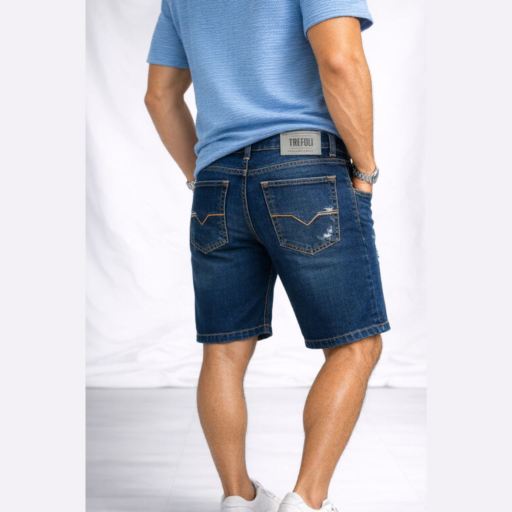 Bermuda Denim Azul Oscuro con Detalles Desgastados